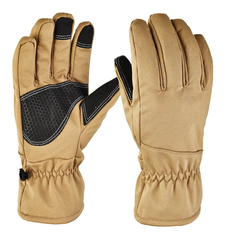 Tactical ski gloves in camouflage colour with touchscreen fingertips and anti-slip palm surface