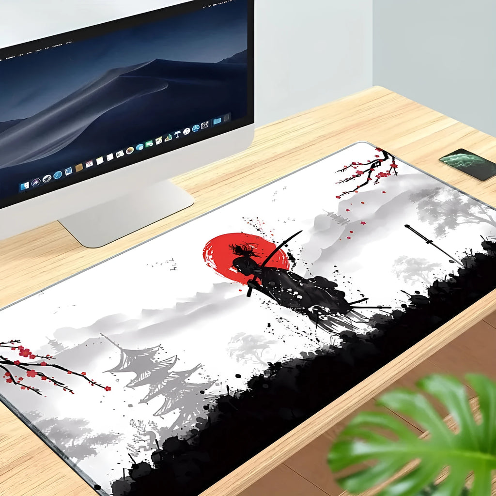 Cloth gaming mouse pad with Japanese samurai design, showing non-slip base and size options