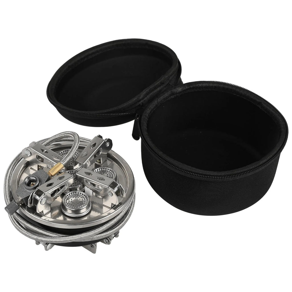 Silver stainless steel and copper portable split camping stove with foldable design and 100cm hose