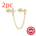 S925 sterling silver geometric ear studs with diamond flower, tassel, and chain design in electroplated gold.