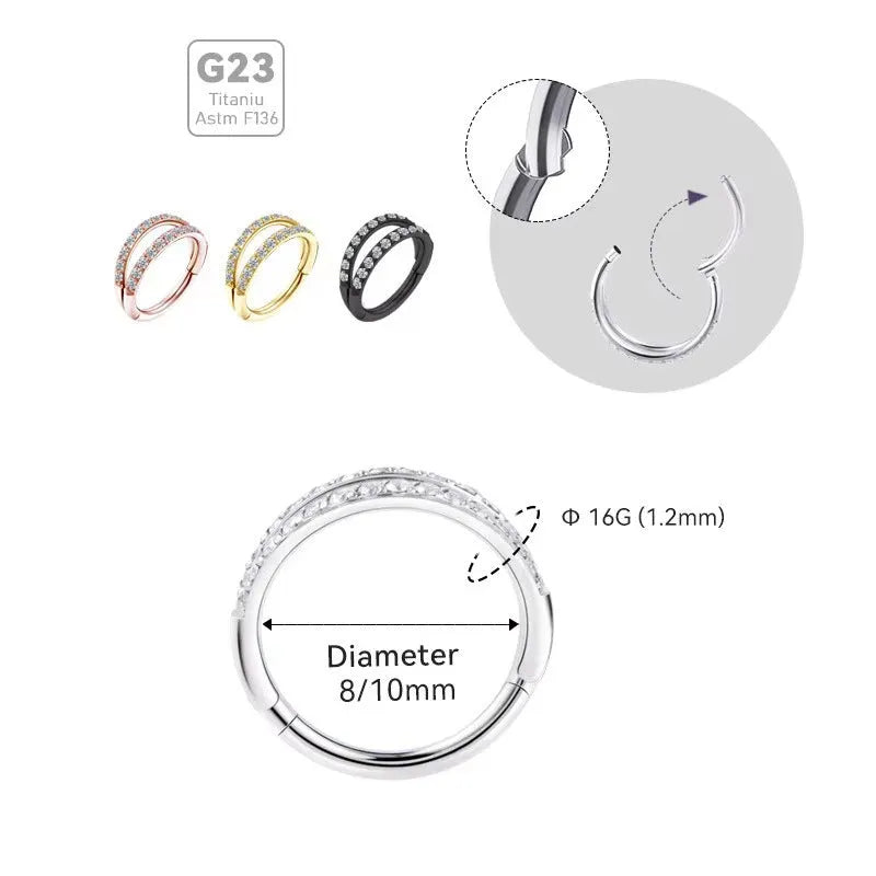 Close-up of a G23 titanium alloy nose ring with a monoclinic diamond finish, shown in steel colour and gold colour options.