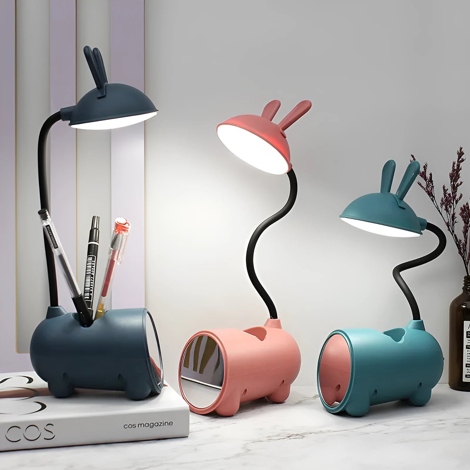 Cartoon style USB-powered desk lamp with pen storage compartment in dark blue colour
