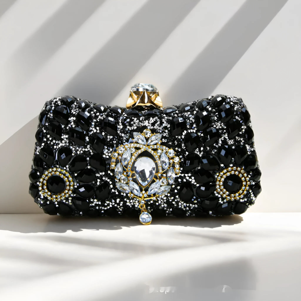 Full diamond clutch bag hard PU shell horizontal square gold for formal events