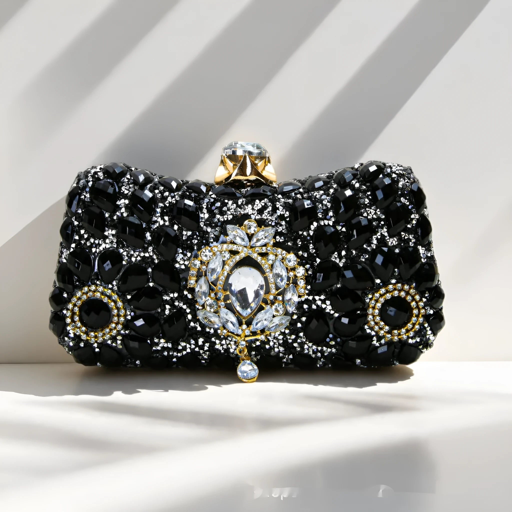 Full diamond clutch bag hard PU shell horizontal square gold for formal events
