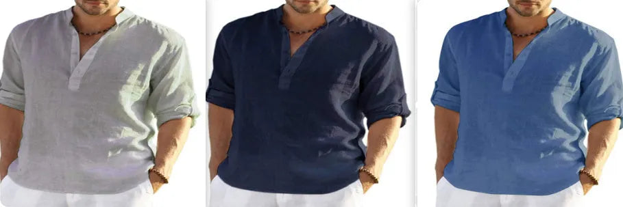 Men's slim-fit stand collar shirt in cotton-linen blend, shown in light blue, with button front and long sleeves.
