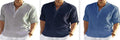 Men's slim-fit stand collar shirt in cotton-linen blend, shown in light blue, with button front and long sleeves.