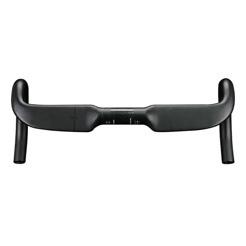 Carbon fibre road bicycle handlebar showing black double line finish and 420mm width measurement