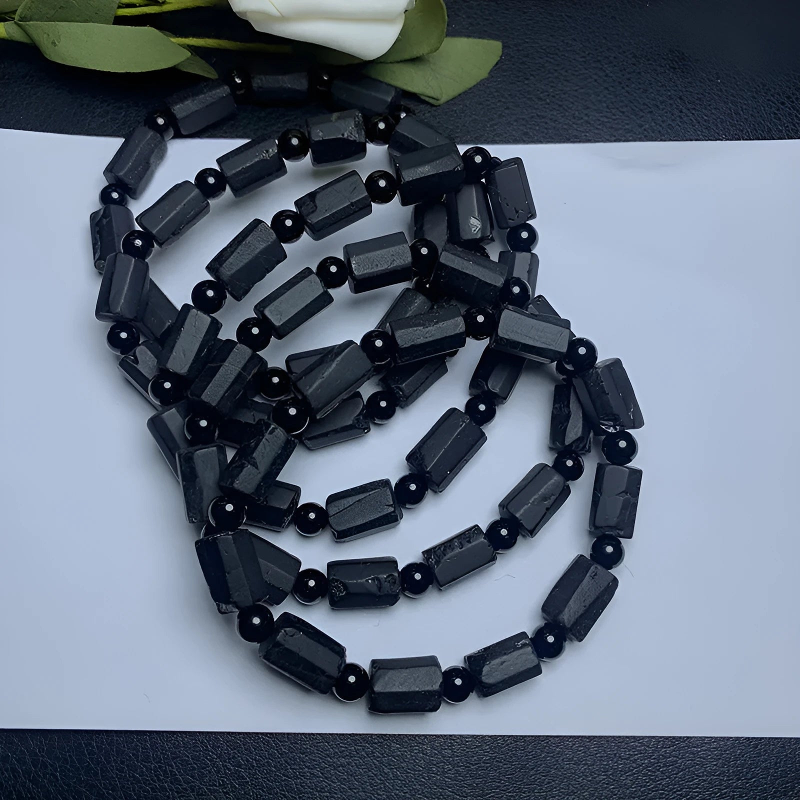 Natural black tourmaline rough stone bracelet with approximately 9mm beads