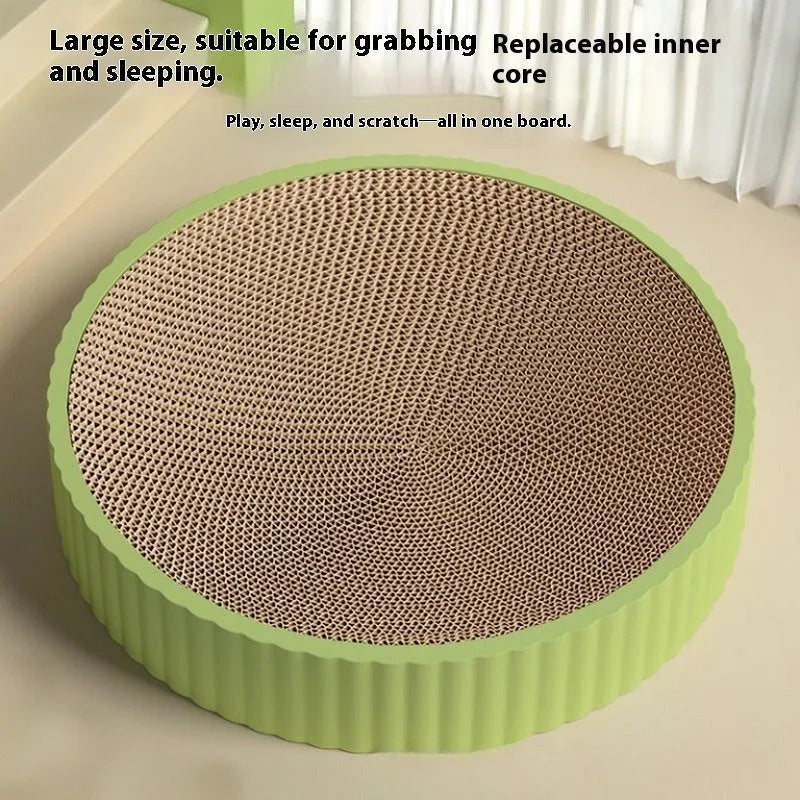 Round green cat scratching board nest with corrugated paper surface, 55 cm diameter with two replacement refills