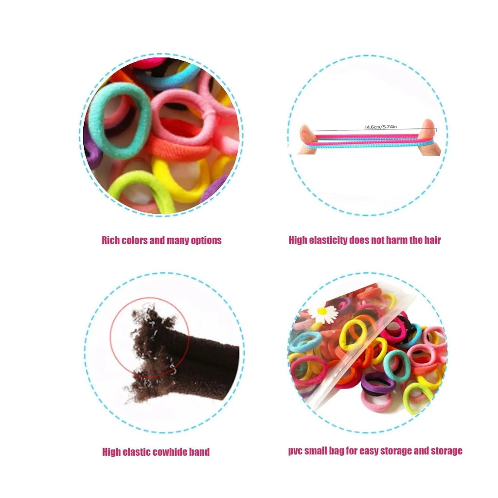 100 seamless cotton baby hair ties in 10 mixed colours displayed in small jar packaging