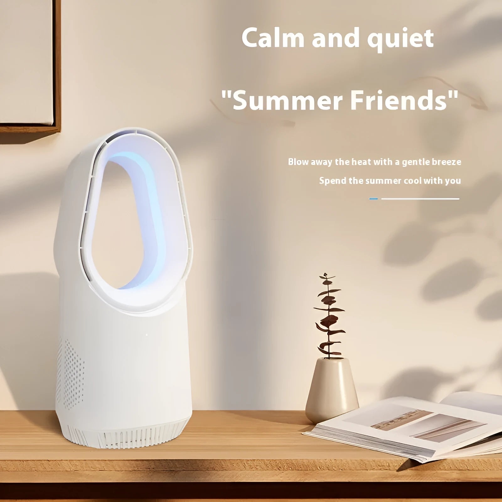 White SK bladeless floor tower fan with remote control on wooden floor.