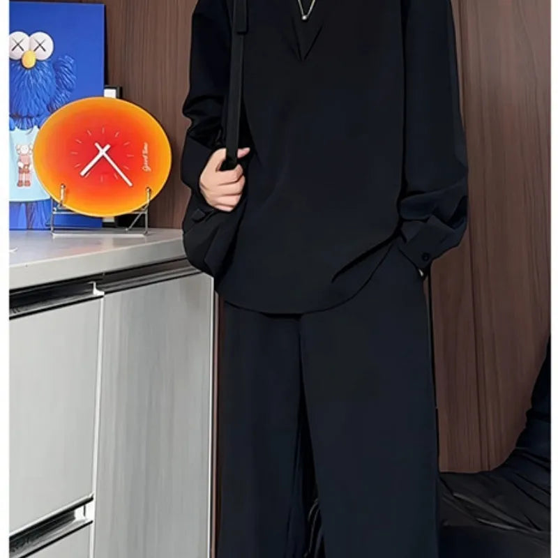 Man wearing a slim fit apricot coloured long sleeve polo shirt and matching trousers, a casual two-piece hemp suit set.