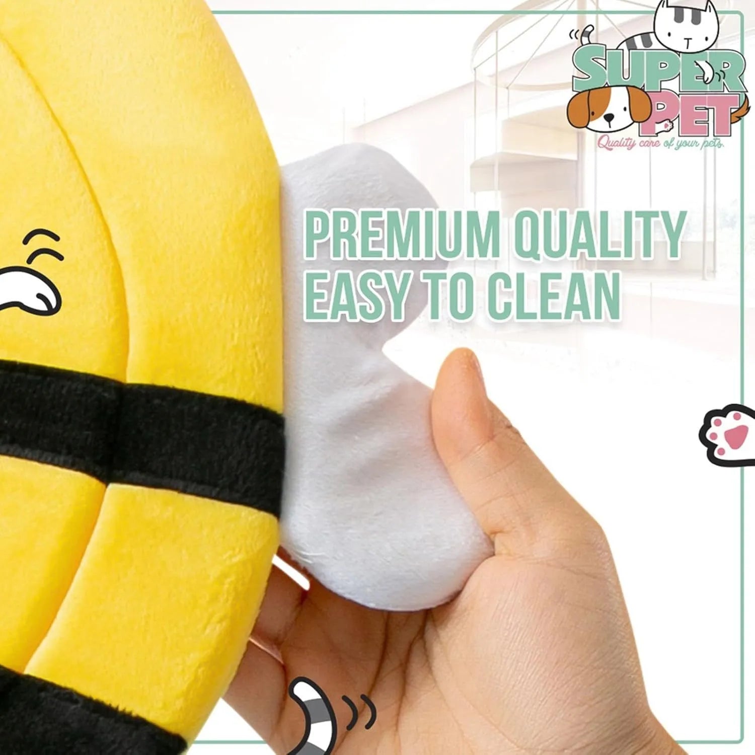 Soft white cat cone collar with a black and yellow bee design and Velcro closure.