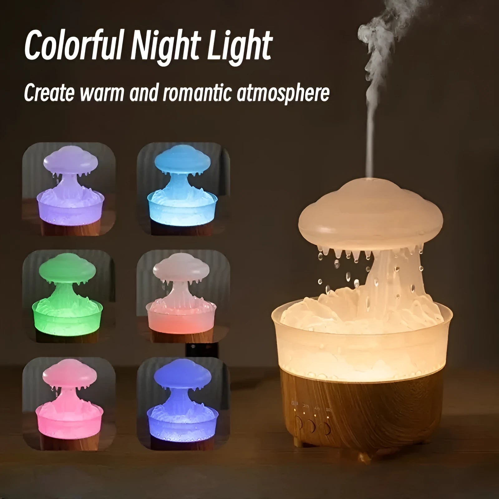 Wood grain white cloud-shaped humidifier diffuser with LED lights and water droplet effect