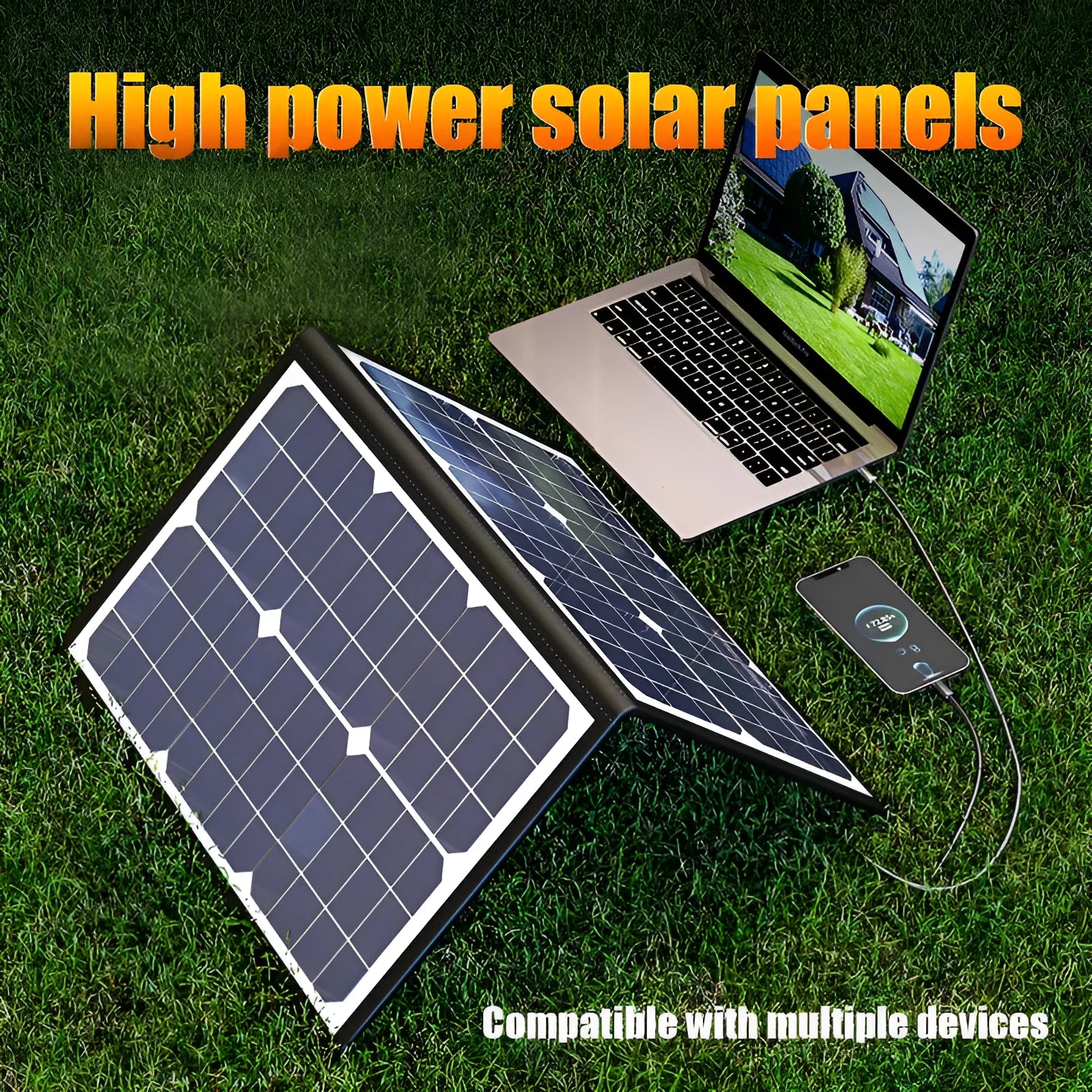 Black foldable solar charger bag showing 40W single crystal panel, folded to compact size for camping.