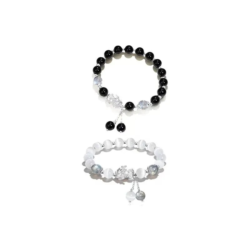 Handcrafted couple bracelet in natural black agate and opal grey with 10mm wave-shaped beads