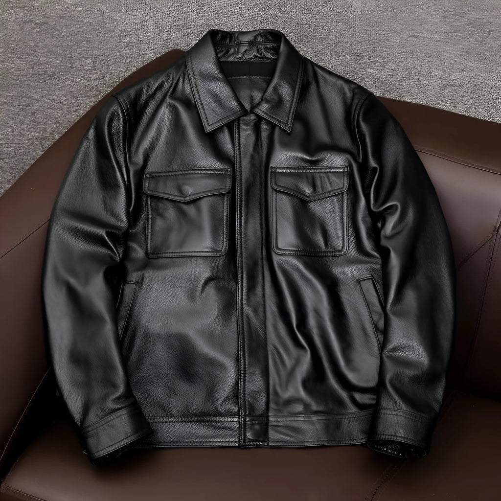 Male model wearing black PU leather lapel jacket with side seam pockets