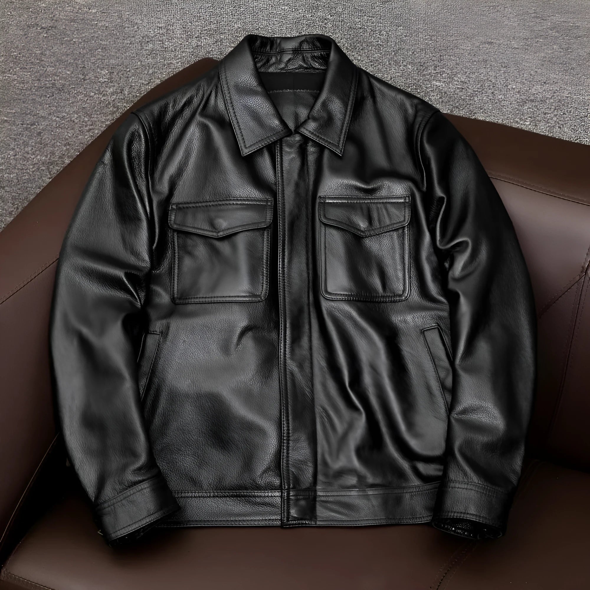 Male model wearing black PU leather lapel jacket with side seam pockets