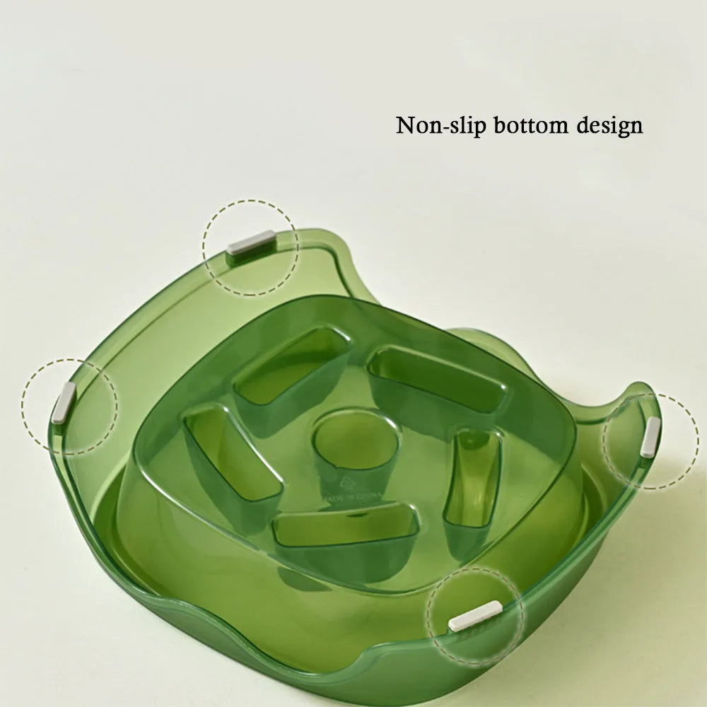 Blue plastic dog slow feeder bowl with interior ridges to control eating speed
