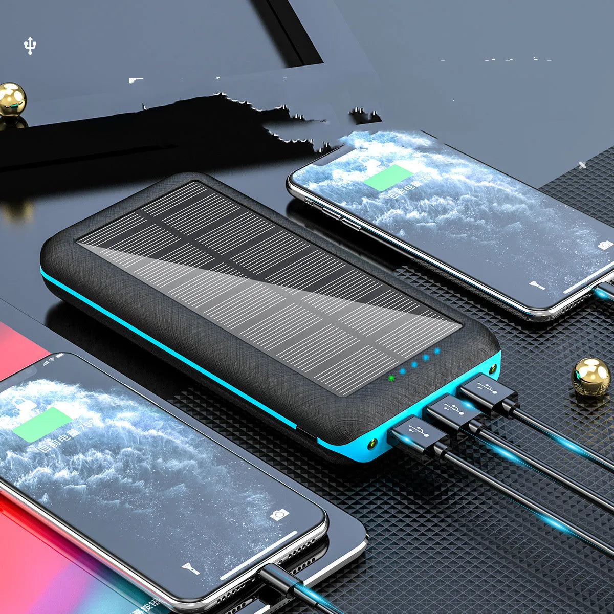 Black portable power bank with wireless charging surface and three USB ports for multiple device charging