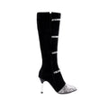 Black and grey women's knee high boots with a thin high heel on a rubber sole