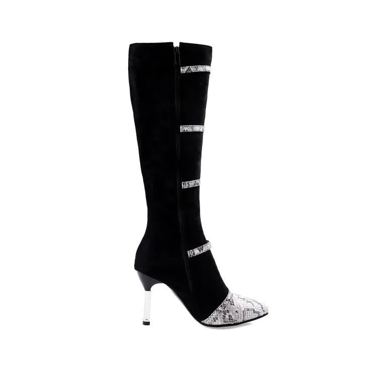 Black and grey women's knee high boots with a thin high heel on a rubber sole
