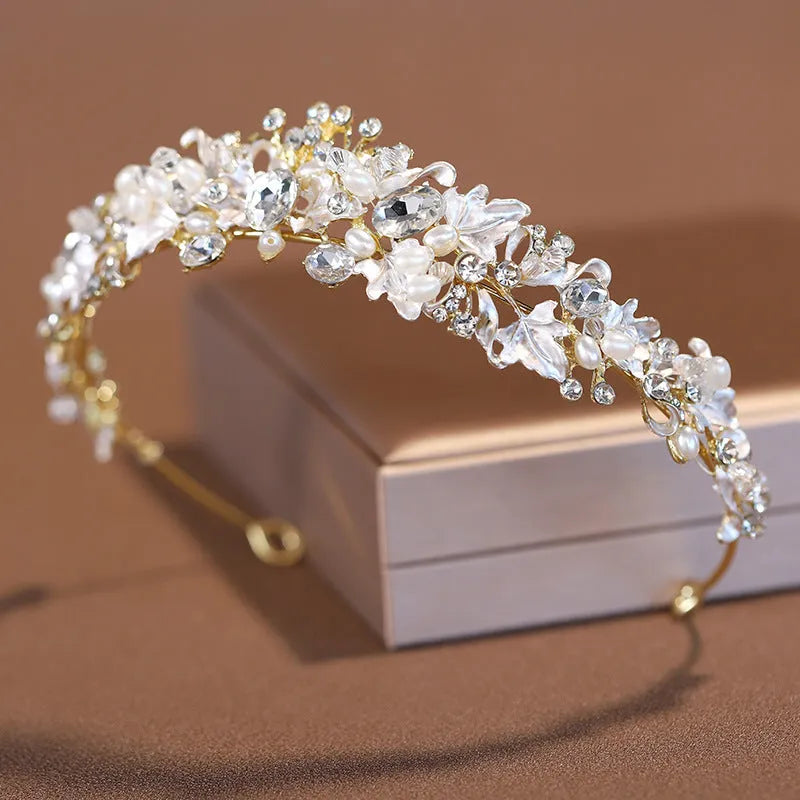 Alloy pearl crown headdress for women with electroplated gold finish and European styling