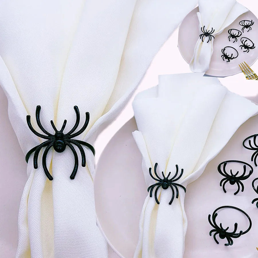 Six black spider Halloween napkin rings made from alloy metal with electrophoresis finish