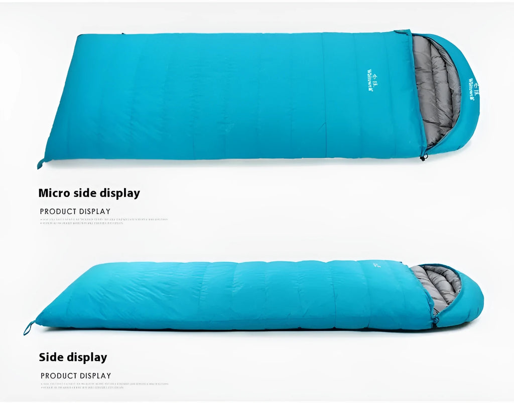 Black outdoor down sleeping bag with envelope structure and white goose down filling.