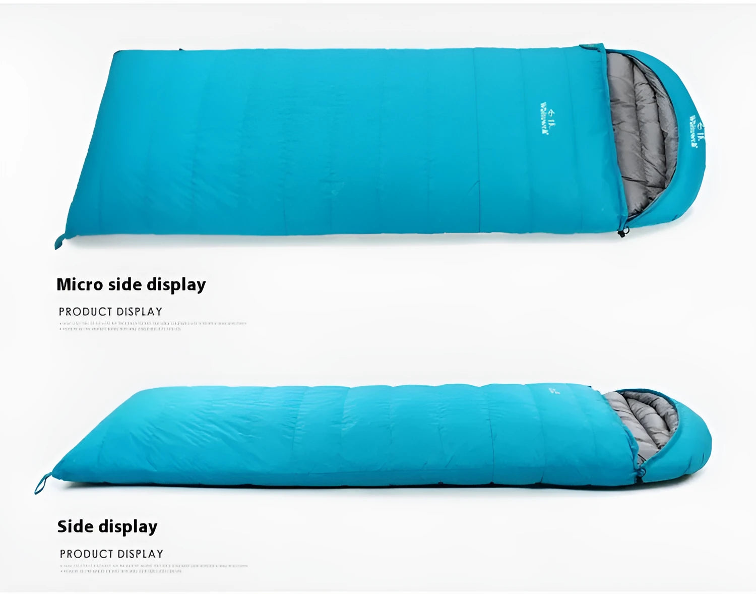 Black outdoor down sleeping bag with envelope structure and white goose down filling.