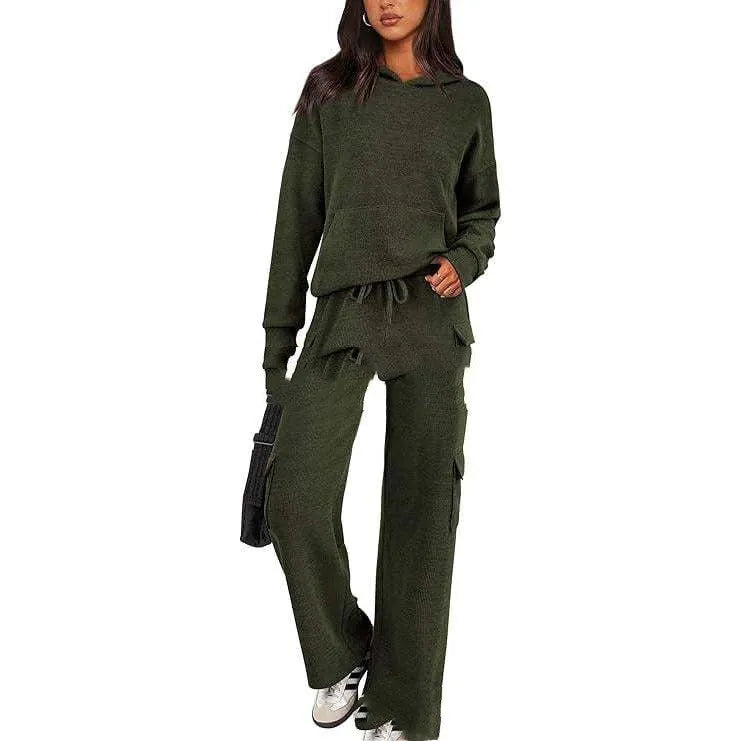 Women's polyester leisure sportswear set with long sleeve top and matching trousers in multiple colour options