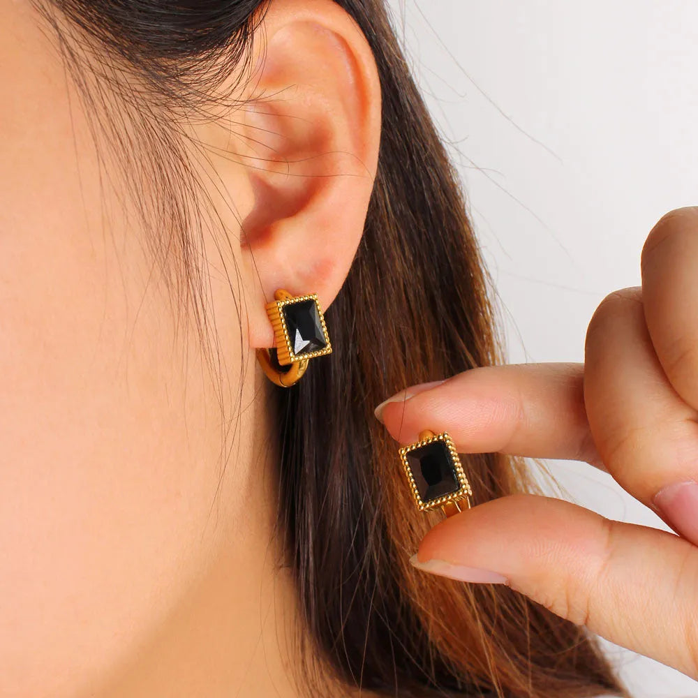 Square geometric zircon stainless steel earrings in white, black or green colour options