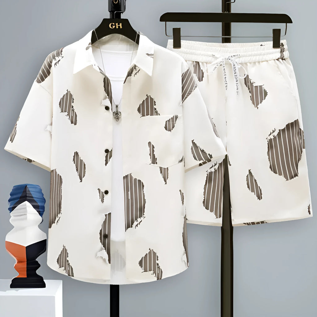 Men's casual polyester shorts two-piece set in a solid colour, showing short sleeve top and matching shorts.