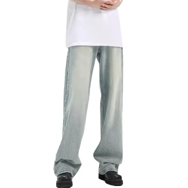 Blue retro loose fit casual trousers made from rabbit fur fabric on a neutral background.