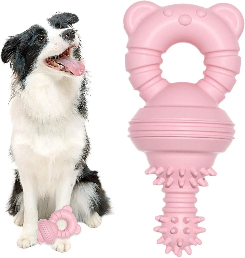 Blue rubber dog chew toy with textured surface and bell inside for dental cleaning and play