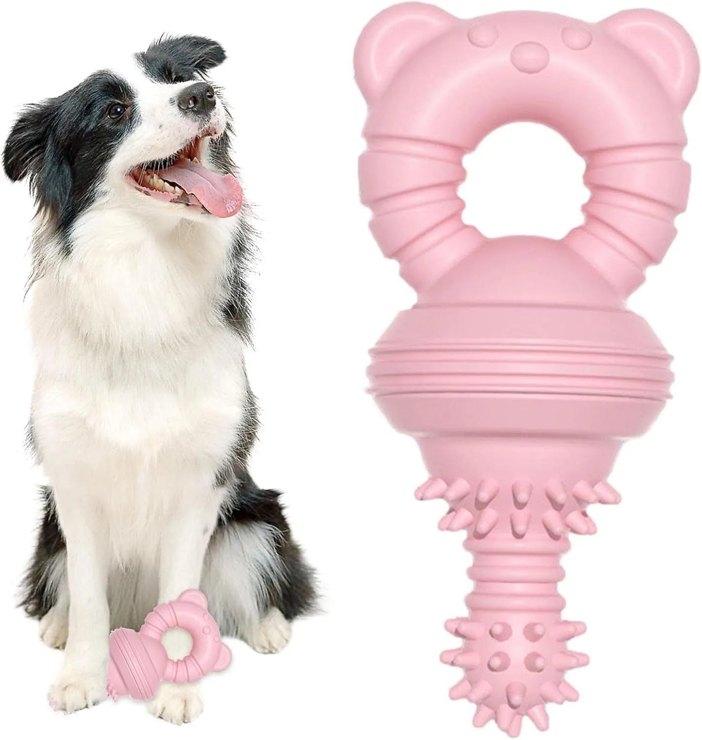 Blue rubber dog chew toy with textured surface and bell inside for dental cleaning and play