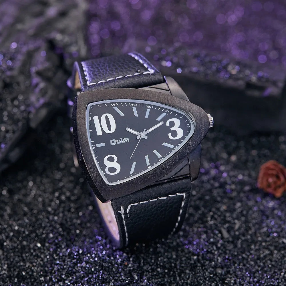 Men's casual triangle belt quartz watch showing slim 9mm profile and available colour options