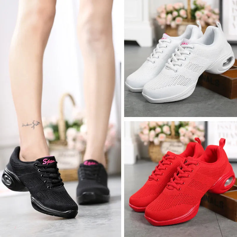 Women's flyknit mesh dance shoes with breathable upper and soft PU sole in various colour options
