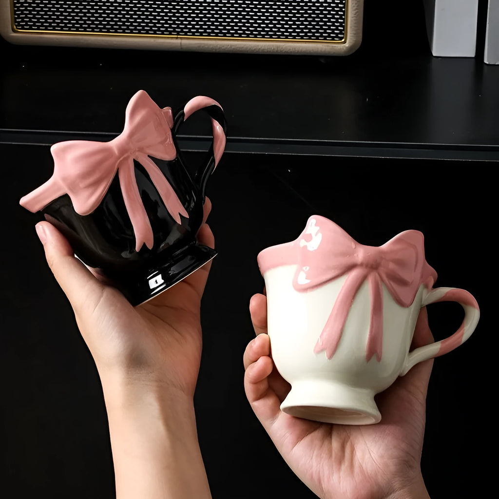 Ceramic heart bow mug in black pink or white powder with 301-400ml capacity