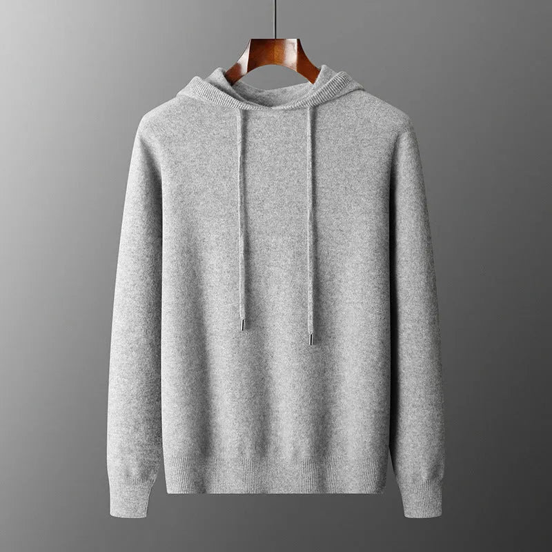 Men's light grey cashmere hooded sweatshirt and matching trousers set for winter leisure wear