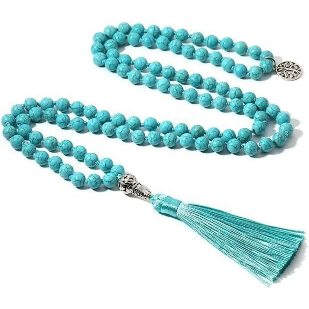 Handmade long beaded necklace with 108 natural stone pendants on a knotted cord.
