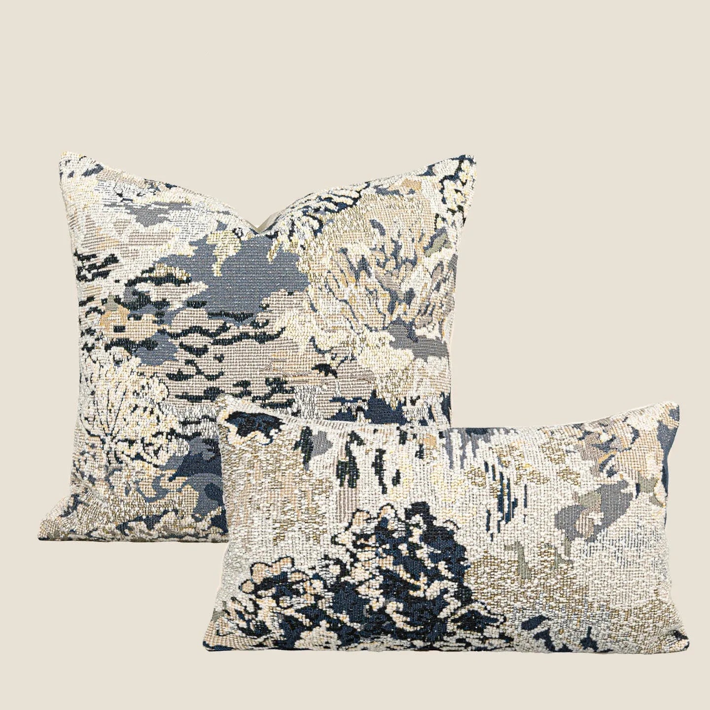 Antique blue floral print decorative cushion with wool blend fabric, shown in square and waist pillow sizes.