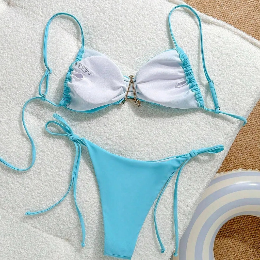 XINGX women's split bikini set in sky blue nylon with backless brief for swimming wading