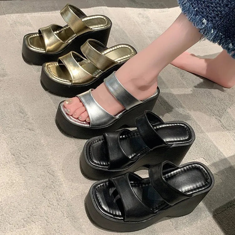 Women's black wedge platform slippers with square toe and high heel design