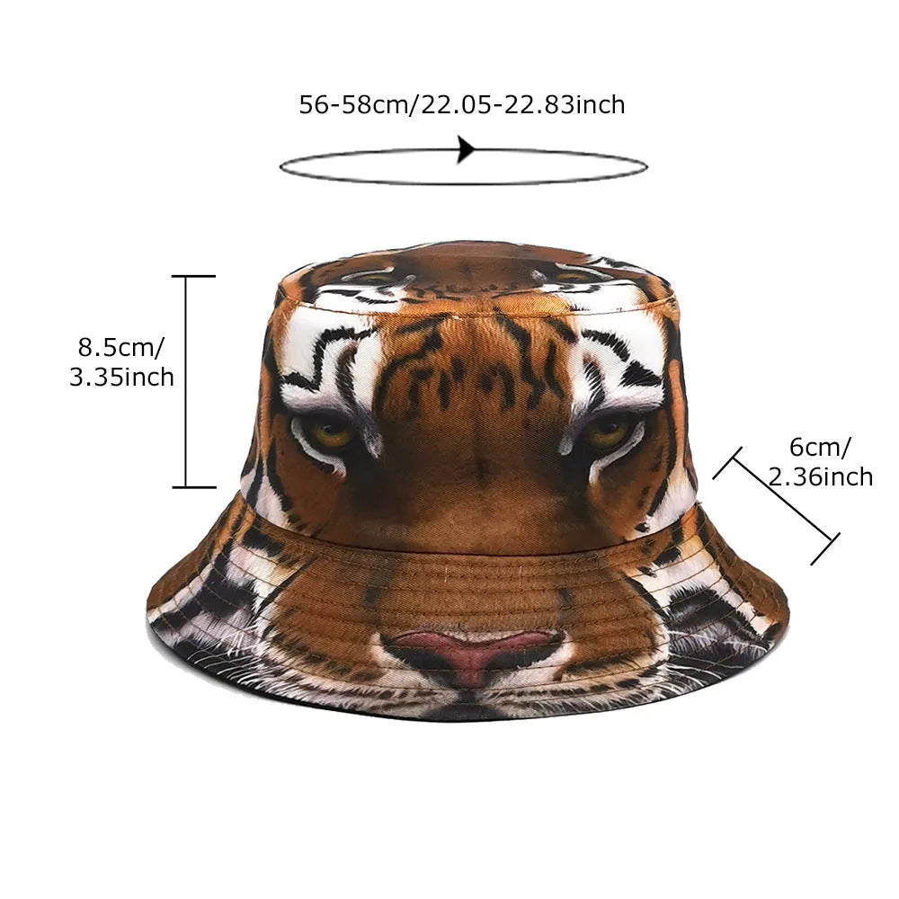 Khaki tiger print polyester bucket hat with dome crown shown at angle