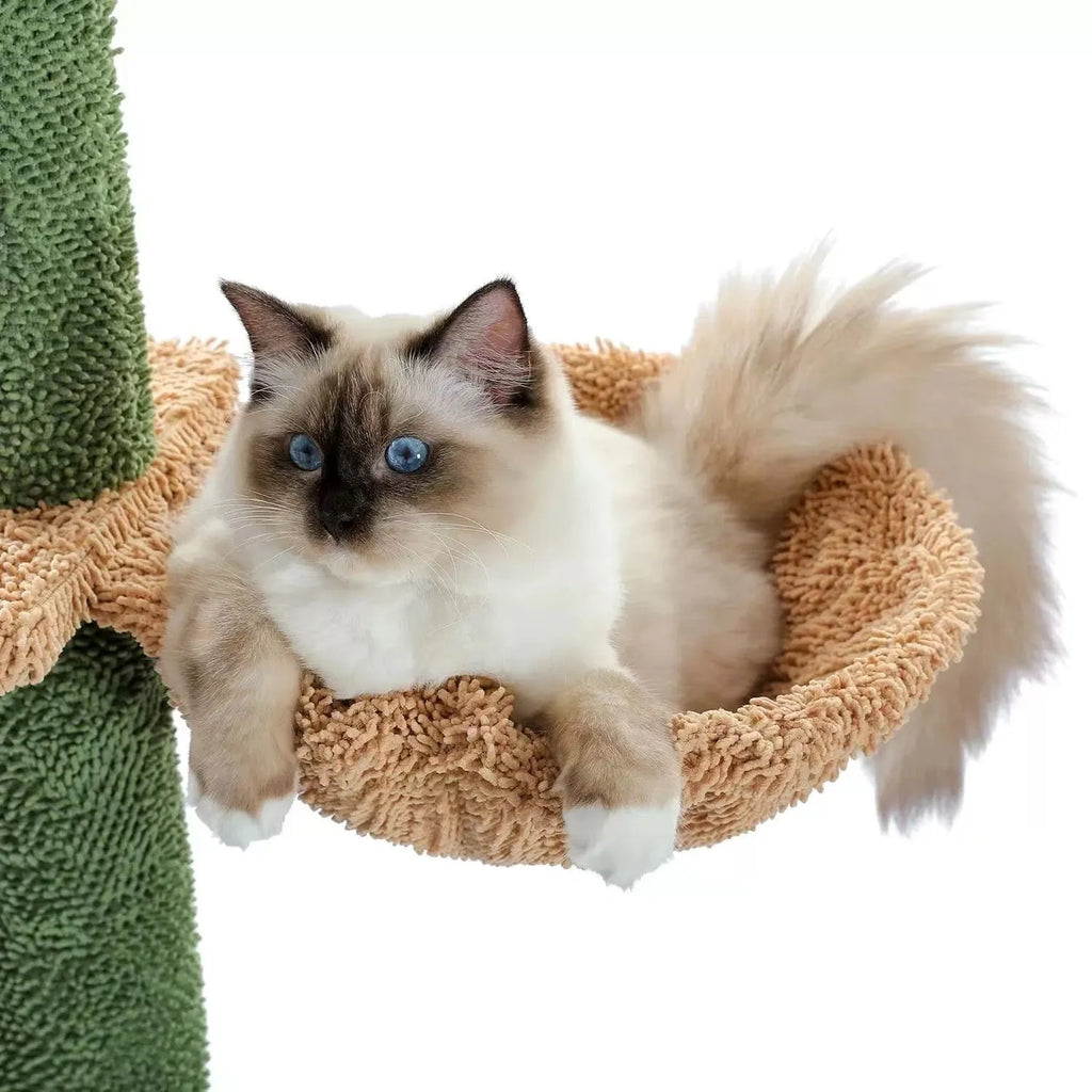 Tall solid wood cat climbing frame with integrated scratch board and a cosy cat nest.