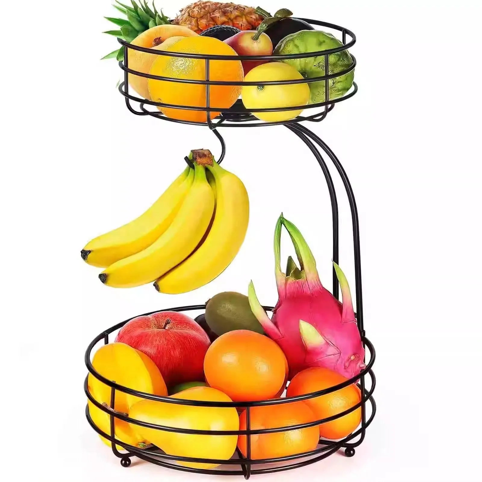 Double-layer wrought iron fruit basket in black or gold colour for kitchen storage