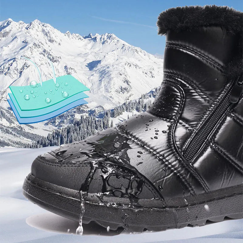 Women's fur winter snow boots with side zipper, high top, round toe, flat heel, available in black red silver