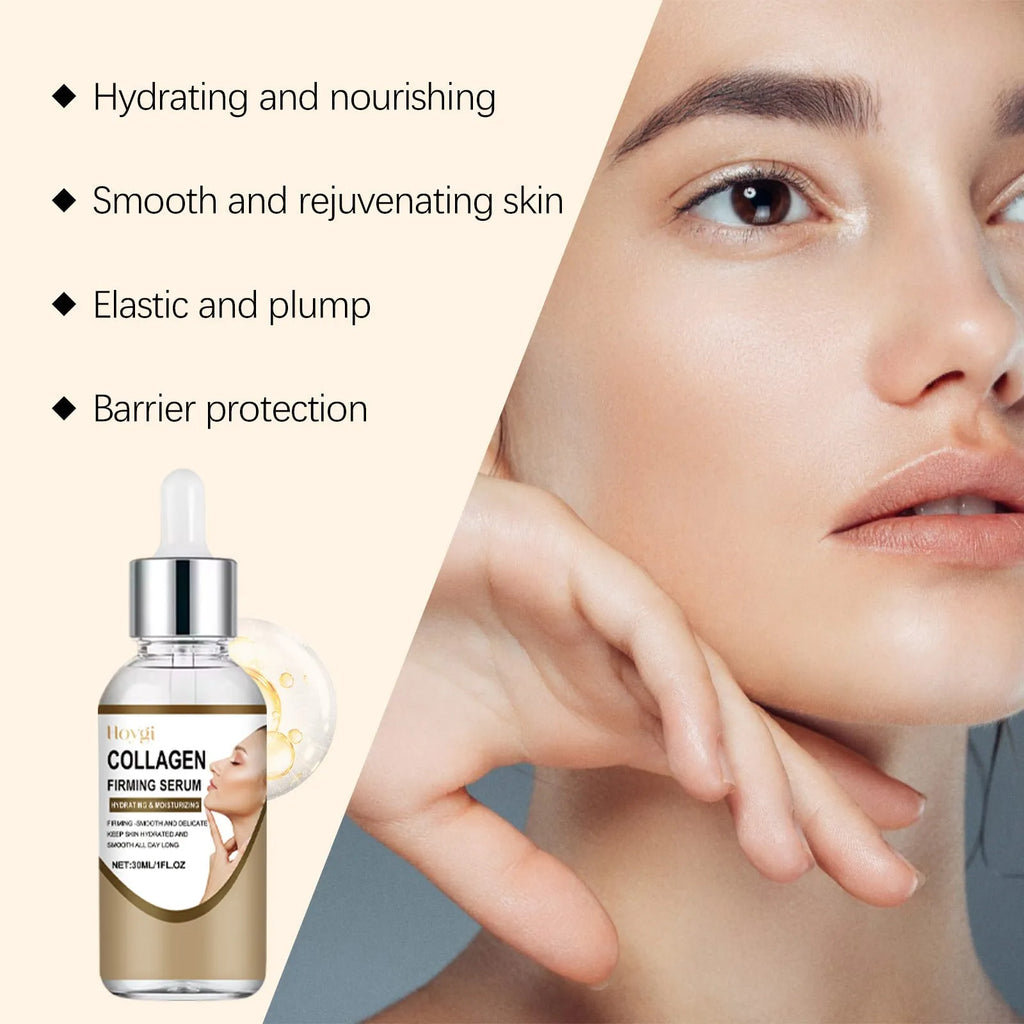 30ml collagen firming care solution bottle measuring 2.8x2.8x10.3cm with hyaluronic acid formula