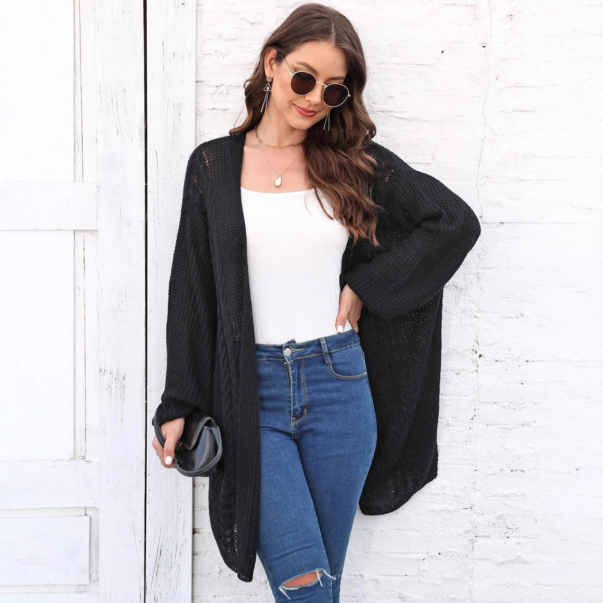 Women's loose acrylic sweater coat in army green colour with European American style casual fit